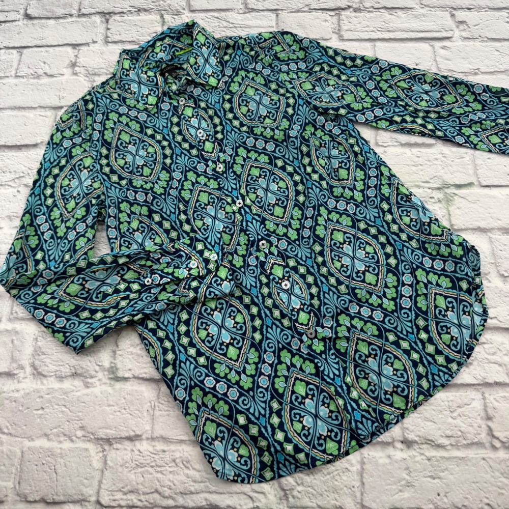 Talbots Womens XS Blue Green Paisley Medallion Cotton Button Up Shirt